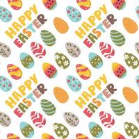 Festive seamless pattern isolated on white. Wrapping gift paper design with different eggs. Holiday and celebration elements. Springtime cute concept. Happy Easter hand drawn flat vector illustration