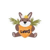 Cute easter character concept design. Some bunny loves you quote. Handwritten lettering on huge carrot. Furry rabbit in glasses with flowers. Fluffy bunny personage hand drawn flat vector illustration