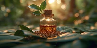 AI generated Essential oil bottle among leaves with seeds in natural setting photo