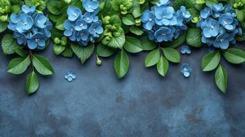 AI generated Group of Blue Flowers With Green Leaves photo