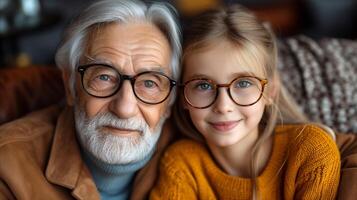 ai generado abuelo y nieta disfrutando hora juntos con pareo lentes foto