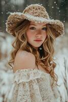 AI generated Young Girl Wearing Hat in Snow photo