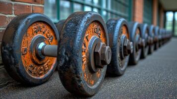 ai generado fila de oxidado pesas en gimnasio piso - aptitud equipo de cerca foto