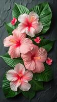 AI generated Floral Painting of Pink Flowers With Green Leaves photo