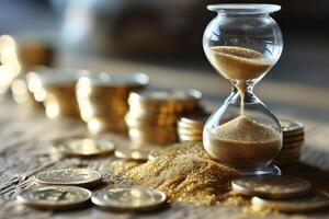 AI generated Sand Clock and Coins on Table, Time and Value photo