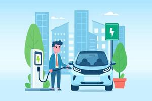 Man charging his electric car at charging station and city background. Electric transportation and eco-friendly vehicle concept. Vector illustration