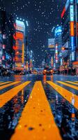 AI generated Vibrant city street at night with snowfall and glowing neon lights photo