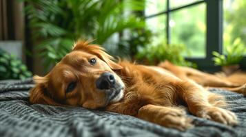 AI generated Relaxed golden retriever lying on a cozy blanket indoors photo