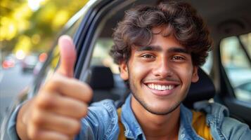 ai generado hombre dando pulgares arriba en coche foto