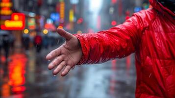 AI generated Close-up of raindrops on a red jacket arm in the city photo