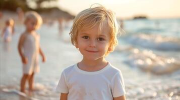 ai generado pequeño chico en pie en playa cerca Oceano foto