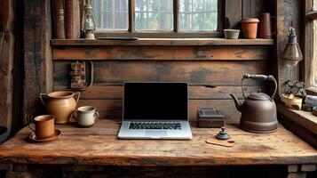 AI generated Laptop Computer on Wooden Desk photo