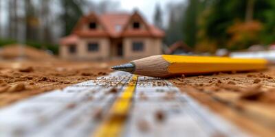 AI generated Close-up of pencil on architectural blueprint with house in background photo