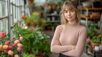 AI generated Woman Standing in Greenhouse With Arms Crossed photo