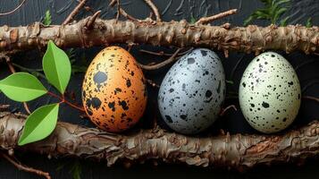 AI generated Three Colored Eggs on Tree Branch photo