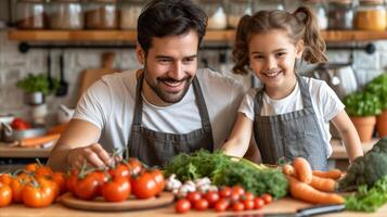 AI generated Man and Girl Standing in Front of Vegetable-Filled Table photo
