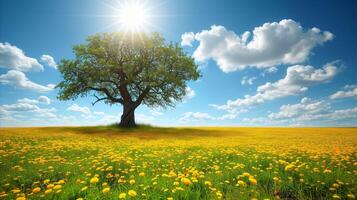 ai generado árbol en el medio de amarillo flor campo foto