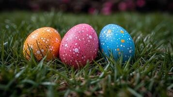 AI generated Rows of colorful Easter eggs lined up. photo