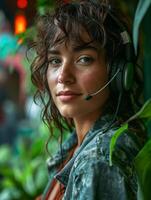 AI generated Woman Wearing Headset and Gazing Into the Distance photo