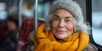 ai generado mayor mujer vistiendo amarillo bufanda en autobús foto