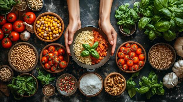 ai generado Cocinando italiano pasta plato con Fresco ingredientes y hierbas desde encima foto