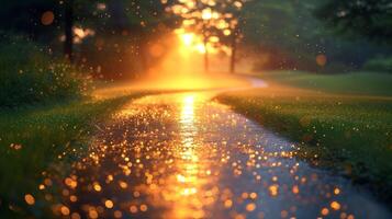 AI generated Serene sunset path with glistening raindrops and warm golden light photo
