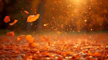 AI generated Autumn leaves dancing in the sunset glow on a warm evening photo