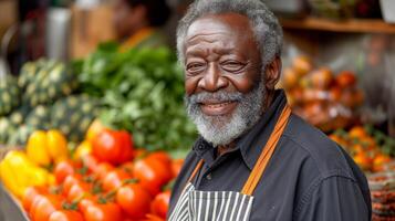 AI generated Man Standing in Front of Vegetable Display photo