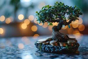 ai generado bonsai árbol en pila de monedas foto