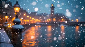 AI generated Enchanting winter evening with snowflakes and warm street lights photo