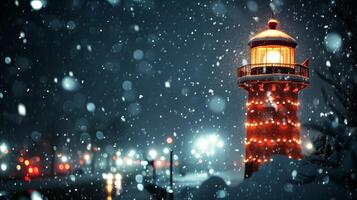 AI generated Festive lighthouse with christmas lights in snowy winter night photo