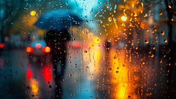 AI generated Rainy city evening with abstract light blurs and pedestrian silhouette photo