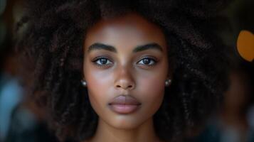 AI generated Serene beauty with natural curly hair and captivating eyes photo