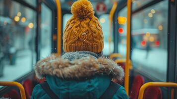 ai generado invierno conmutar en público transporte, persona en calentar atuendo contemplando Nevado ciudad foto