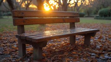 ai generado vacío parque banco en un crujiente otoño Mañana con dorado amanecer foto
