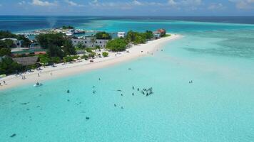 antenne visie van gulhi eiland in de buurt maafushi Aan kafu atol. tropisch eiland met Doorzichtig oceaan en strand, Maldiven video