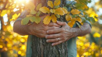 ai generado persona abrazando árbol con manos foto