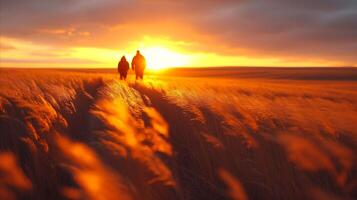 AI generated Couple walking through golden wheat field at sunset, concept of togetherness and nature photo