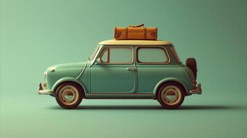 AI generated Vintage miniature car with luggage on roof against teal background photo