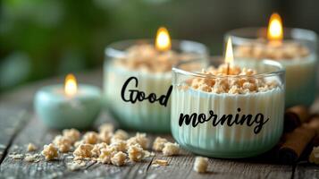 AI generated Three candles placed on the table create a warm and inviting atmosphere. Good morning written on the candles photo