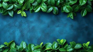 AI generated Green Leaves on Blue Background photo