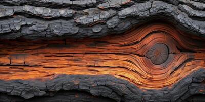 AI generated Natural wood texture with warm glowing patterns and charred edges photo