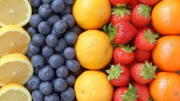 AI generated Fresh citrus and berries assortment full frame background photo