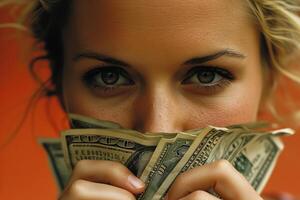 AI generated Woman Covering Her Mouth With Bundle of Money photo