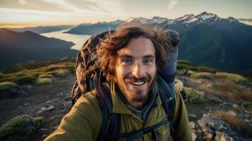 AI generated Man With Long Hair and Beard, Wearing Backpack photo