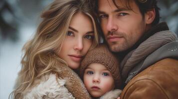 AI generated Young family embracing in winter scene, parents holding child photo