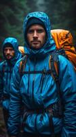 AI generated Group of Men With Backpacks Walking Through Woods photo