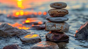 AI generated Zen stones balanced in tranquil sunset beach setting photo