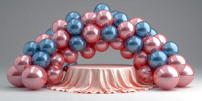 AI generated Pink and Blue Balloon Arch on Table photo