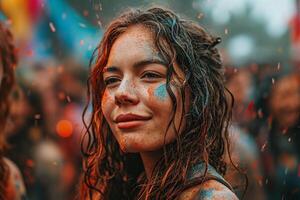 AI generated Young tourist woman having fun at Holi festival photo